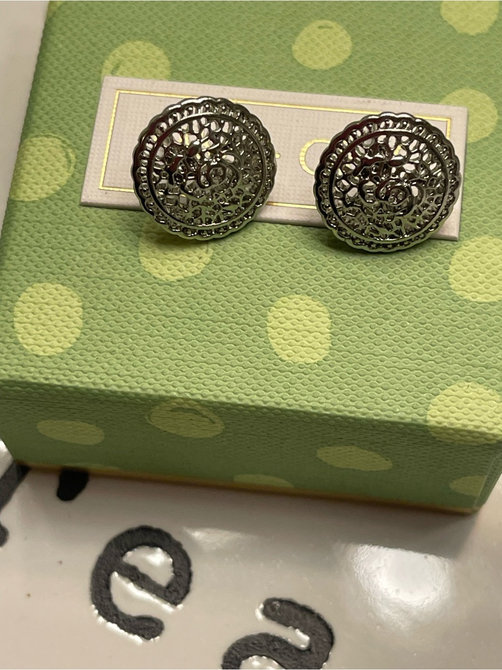 Lia Sophia Antique-Style Round Metal ButtonStyle Silver Gray Tone Earrings